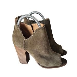 Lucky Brand Size 7.5 Ivy Green Brown Suede Lotisha Studded Peep-toe Ankle Bootie